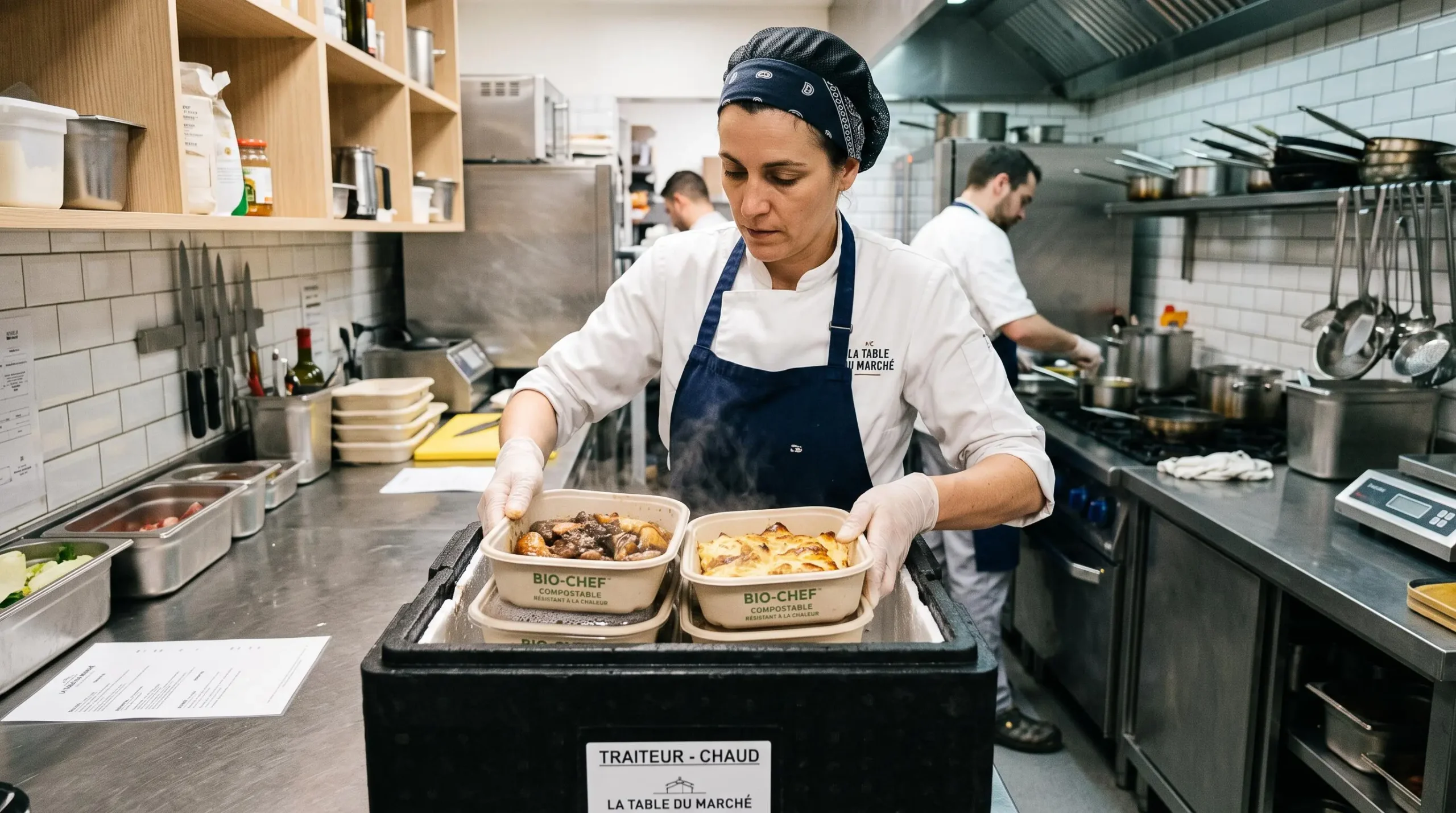 Préparation de commandes à emporter avec des barquettes compostables dans une cuisine professionnelle.