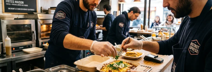 Employé de restauration conditionnant un plat chaud dans une barquette compostable.